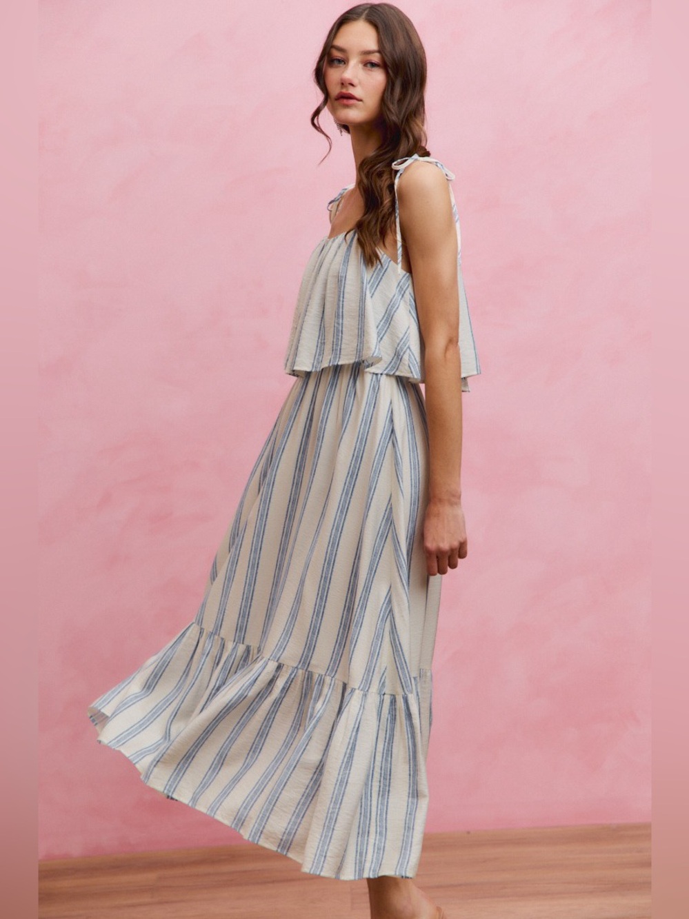 SO ME Stripe Tiered Shoulder Tie Midi Lined Dress - Picture 12 of 15